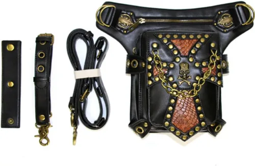 FiveloveTwo Steampunk - Riñonera de piel sintética estilo vintage para senderismo bolsa de hombro con cinturón para la cadera color negro