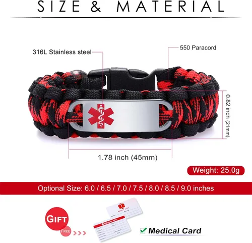 Miniatura 17 de Pulsera de alerta médica Paracord para hombres y mujeres Pulsera de identificación médica de acero inoxidable con hebillas de liberación lateral