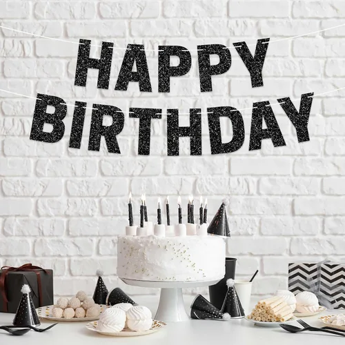 Miniatura 6 de Pancarta de feliz cumpleaños preencordada - Sin bricolaje - Pancarta de fiesta de cumpleaños con purpurina negra - Guirnalda preencordada en 8 pies
