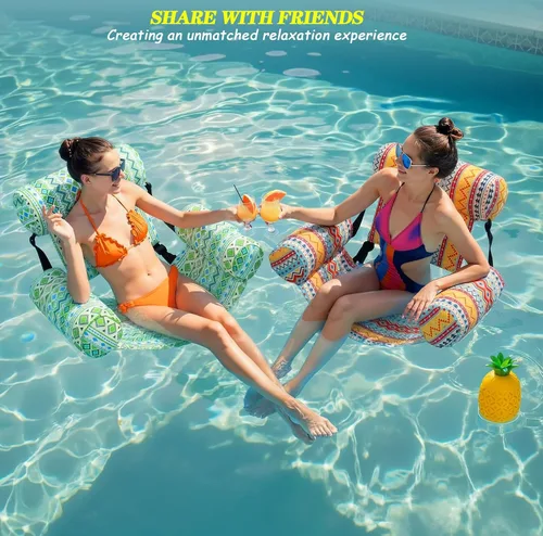Miniatura 6 de Paquete de 3 flotadores inflables para piscina, sillas flotantes para adultos, hamaca ajustable, silla flotante de agua, natación, patrón de plantas