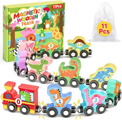 Miniatura 8 de Juego de 11 piezas de tren magnético Montessori para niños pequeños, niños y niñas, animales de madera, actividades de aprendizaje preescolar