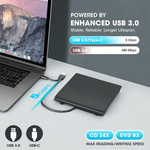 Miniatura 3 de ROOFULL Unidad externa de CD DVD USB 3.0 y USB-C con estuche de transporte, portátil USB ROM +/-RW unidad de disco óptico reproductor quemador