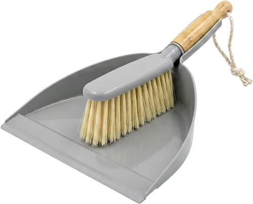 Juego de recogedor y cepillo pequeño, escoba, escoba de mano y bandeja para polvo para mascotas, automóvil, dormitorio, comping (gris)