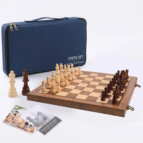 Ajedrez Juego de ajedrez magnético de madera, tablero de ajedrez plegable de nogal de 15 pulgadas con piezas hechas a mano, 2 reinas adicionales,