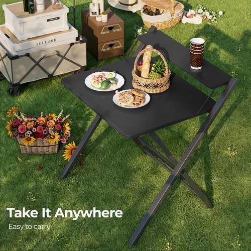 Miniatura 8 de GreenForest Escritorio plegable sin montaje, escritorio compacto de 2 niveles para computadora con estante, mesa plegable que ahorra espacio