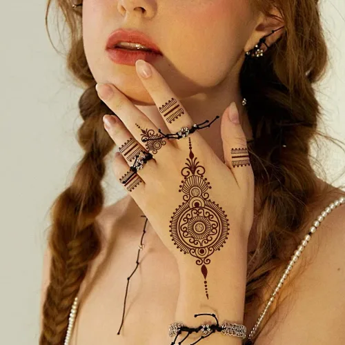 Miniatura 6 de 10 hojas de tatuajes de henna temporales, calcomanías de tatuaje marrón para mujeres, calcomanías de arte corporal para bodas y fiestas