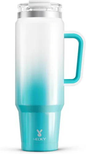 Meoky Vaso de 40 onzas con asa y pajita, vaso aislado con tapa y popote, taza de viaje de acero inoxidable, mantiene el frío durante 34 horas, 100%
