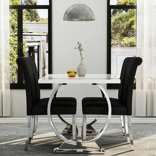 Miniatura 7 de Asday Juego de 2 sillas de comedor negras y plateadas, modernas sillas de comedor tapizadas de piel sintética con respaldo alto y patas cromadas