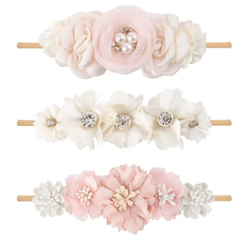 cherrboll 3 diademas de flores para bebé, súper suaves y elásticas, de nailon, para recién nacidas Rosa (Rose Bloom)