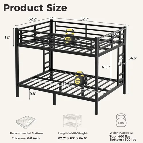 Miniatura 2 de Litera individual XL sobre Queen, cama alta de metal resistente para adultos/adolescentes, capacidad de 350/600 libras con escalera y barandilla