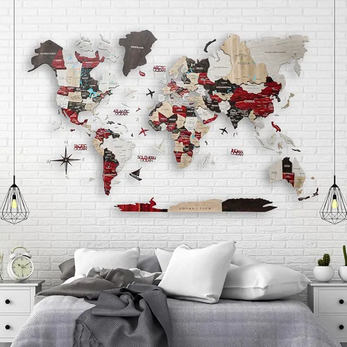 Miniatura 4 de Arte de pared de madera 3D hecho a mano con mapa del mundo, decoración de pared grande, rastrea tus viajes por el mundo, especial para el hogar
