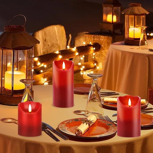 Miniatura 8 de HEIOKEY Juego de 3 velas rojas parpadeantes sin llama, velas que funcionan con pilas con control remoto de 10 teclas, vela eléctrica de pilar