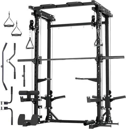 Miniatura 10 de MAJOR FITNESS Drone3 Smith Machine, 2500 libras todo en uno para gimnasio en casa con sistema de polea doble para cable cruzado, barras de dominadas