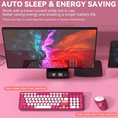 Miniatura 3 de FD Combo de Teclado y Mouse Inalámbricos - USB Inalámbrico de 2.4GHz, Lindo Teclado Inalámbrico con Teclas Redondas, Conjunto Silencioso y Delgado
