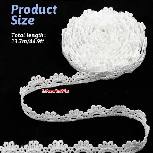 Miniatura 2 de Borde de encaje blanco de ganchillo para costura, ribete de encaje blanco de 15 yardas, cordones bordados con borde festoneado para manualidades