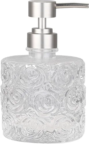 Dispensador de jabón de vidrio Marcella con bomba de jabón, recargable con capacidad de 400 ml, diseño floral con patrones de rosas, vidrio grueso y