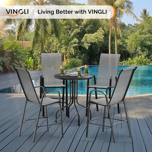 Miniatura 2 de VINGLI Juego de 4 taburetes de bar apilables para exteriores, sillas tipo honda con respaldo alto y reposabrazos, para césped, jardín, bar, gris