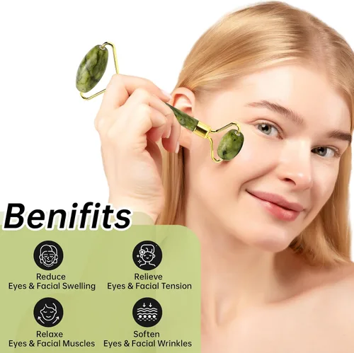 Miniatura 3 de Juego de Gua Sha de Jade y Rodillo Facial, Juego de Herramientas Faciales de Piedra Gua Sha de Jade Real para Reducir la Hinchazón, Herramienta