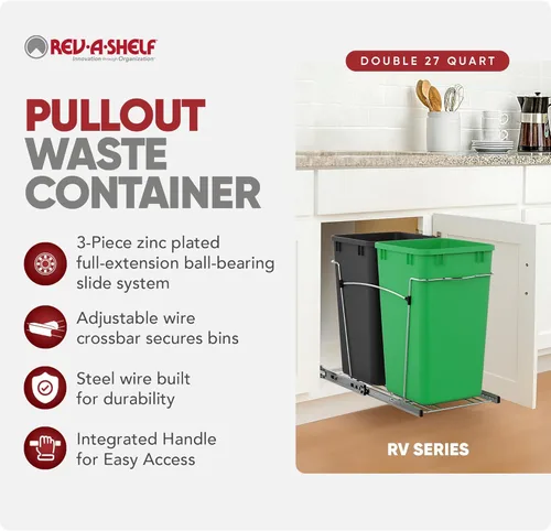 Miniatura 2 de Rev-A-Shelf Cesta de basura extraíble para gabinetes de cocina de 27 cuartos con deslizador de extensión completa para reciclaje, Verde/Negro, Verde