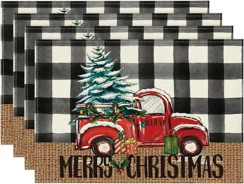 Artoid Mode Manteles Individuales de Camión a Cuadros Buffalo Plaid Feliz Navidad Juego de 4, 12x18 Pulgadas Manteles de Mesa de Árbol de Navidad de