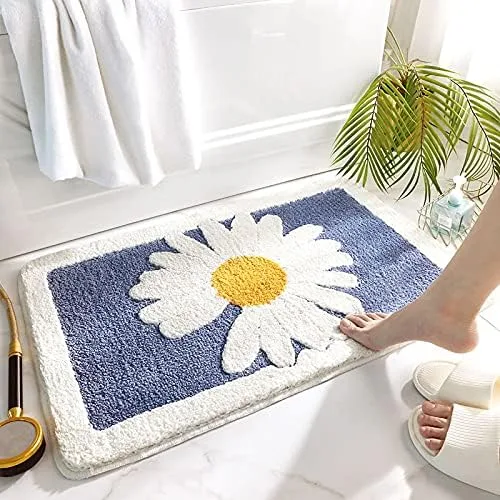 Miniatura 3 de Tapete de baño suave con diseño de margarita, divertido tapete de baño antideslizante absorbente de agua, lavable a máquina (azul)