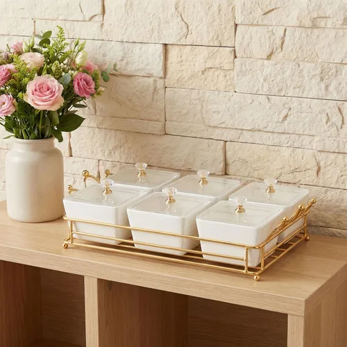 Miniatura 3 de YA JU Cuencos de cerámica y con tapa, bandejas doradas, 6 cuencos pequeños extraíbles, bandejas para condimentos, juego de frutos secos, para Blanco