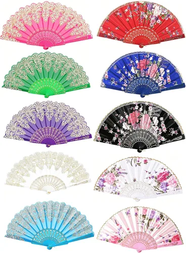 10 ventiladores de mano plegables coloridos para verano, vintage, para fiestas de baile, para niñas y mujeres (estilo 1)