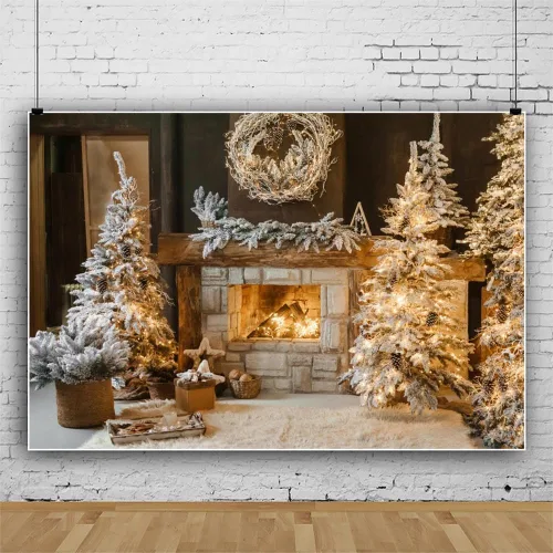 Miniatura 3 de Leowefowa Telón de fondo de fotos de Navidad de 5x3 pies Fondo de guirnalda de chimenea de invierno Chimenea vintage de Navidad Árbol de Navidad