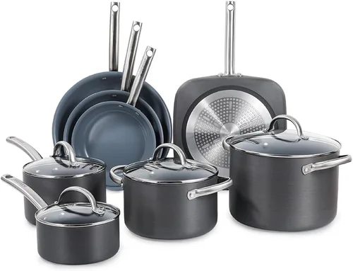 BLACK+DECKER Juego de utensilios de cocina de aluminio anodizado duro de cerámica de 12 piezas, ollas y sartenes con revestimiento antiadherente de