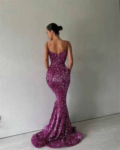 Miniatura 2 de Vestidos de fiesta de lentejuelas brillantes, vestidos largos de fiesta con tirantes delgados, vestidos formales de sirena para mujer 2024