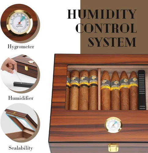 Miniatura 3 de Bald Eagle Humidor de puros, caja superior de vidrio con higrómetro humidificador, caja de madera de cedro de escritorio hecha a mano con capacidad