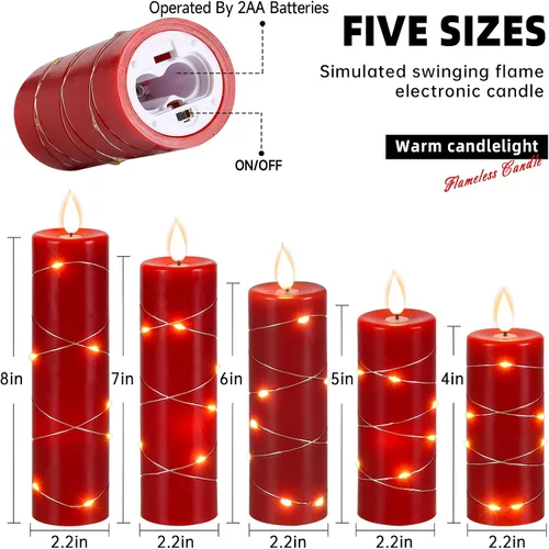 Miniatura 4 de Kiexung - Vela sin llama roja con luz de cuerda de hadas, llama de gota de agua, simulación avanzada de llama LED con velas remotas y temporizadas
