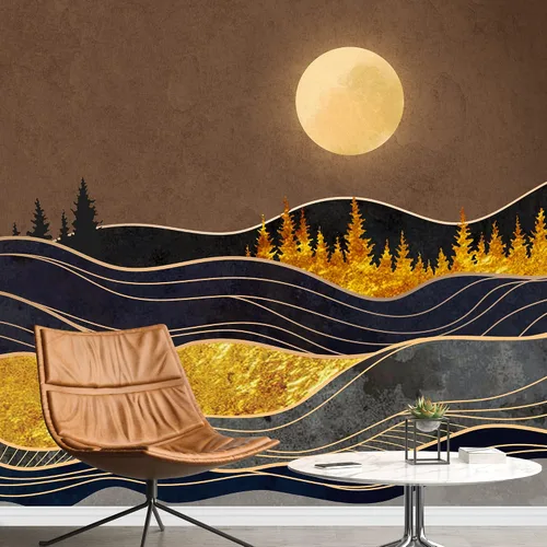 Miniatura 31 de SIGNFORD Adhesivo mural removible para pared, mármol de granito, ondas doradas, cordillera, sol, naturaleza, desierto, ilustraciones, arte rústico