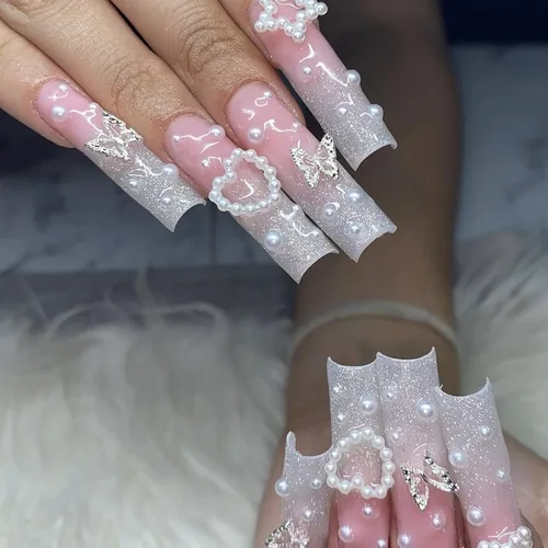Miniatura 9 de Uñas postizas a presión de ballet negras, uñas postizas largas cuadradas con punta francesa, uñas postizas con lazo rosa con diseños de perlas