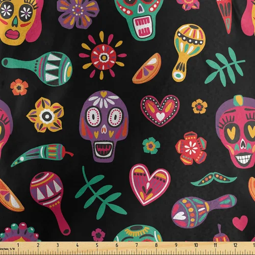 Miniatura 144 de Ambesonne The Yard, tela de calavera colorida con temática de Halloween, diseño de calavera y huesos cruzados, divertido estampado de dibujos