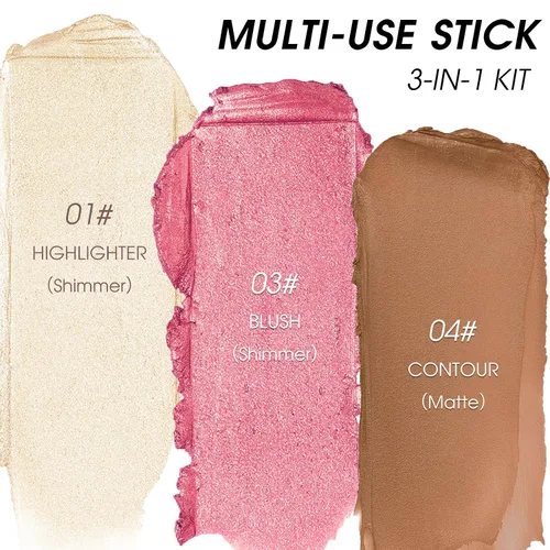 Miniatura 6 de Kit de contorno en crema de 3 piezas, rubor crema, iluminador, bronceador de contorno para mejillas, impermeable, de larga duración, mezclable, trío