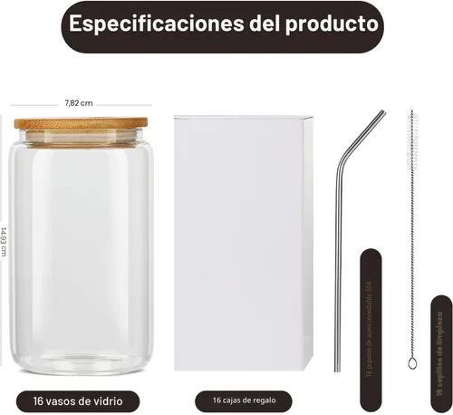 Miniatura 4 de ASKIZ 16 Vasos de Vidrio con Tapas de Bambú y Pajitas, Taza de Café Helado de 16 Oz, Juego de Vasos para Beber, Botellas de Agua de Vidrio