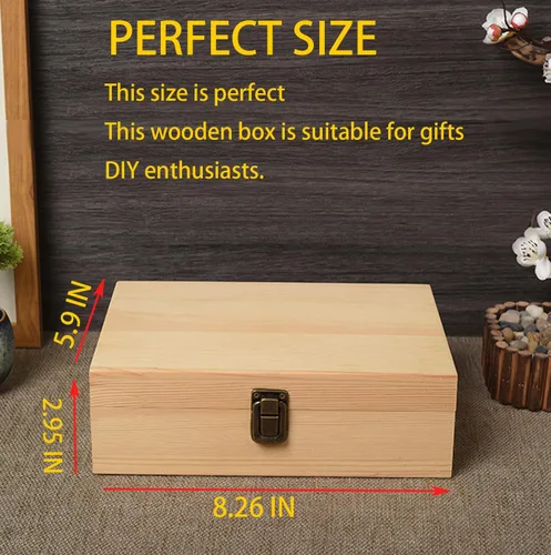 Miniatura 8 de Caja de madera con tapa con bisagras, caja de regalo natural de 8 x 6 x 3 pulgadas para manualidades, cajas de joyería de bricolaje, pequeño