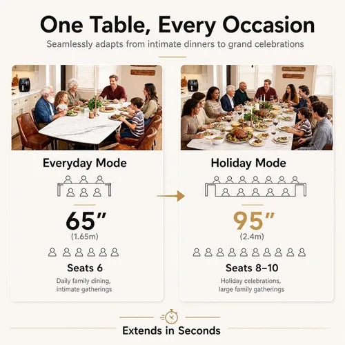 Miniatura 7 de Mesa de comedor extensible con extensión, 65"-95" piedra sinterizada rectangular, superficie con aspecto de mármol, para 6-12 personas, base