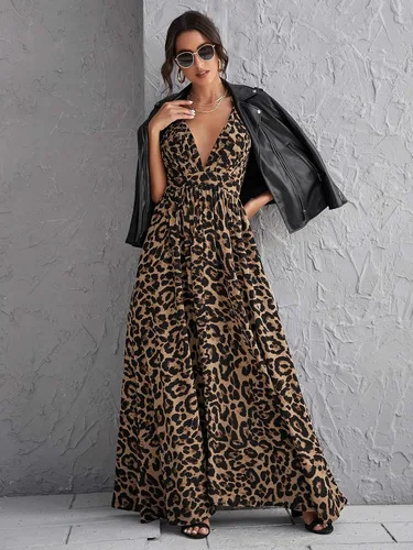 Miniatura 5 de Floerns Vestido largo de playa con cuello en V profundo y espalda cruzada de leopardo para mujer