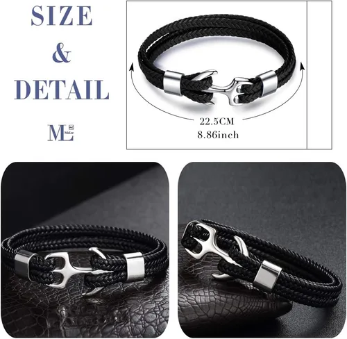 Miniatura 3 de MicLee Pulsera de cuero de anclaje vintage para hombre, pulsera multicapa, pulsera de cuerda con caja de regalo