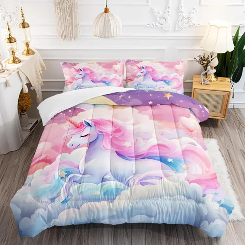Miniatura 11 de Juego de edredón de unicornio para niñas, juego de ropa de cama de mariposa, juego de edredón de arco iris, tamaño individual con 1 edredón y 2