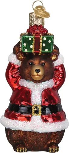 Old World Christmas Adorno de cristal soplado de oso de Navidad para árbol de Navidad, decoración navideña artesanal, colección de animales de vida