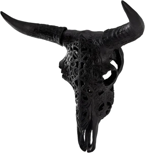 Miniatura 2 de OTARTU Escultura para colgar en la pared, diseño tribal negro, diseño tallado con calavera de buey de 19 pulgadas, arte de decoración de pared