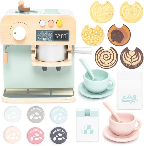 UMU® Cafetera de juguete de madera para niños, accesorio de cocina de juego de simulación para niños pequeños, juego de máquina de café expreso,