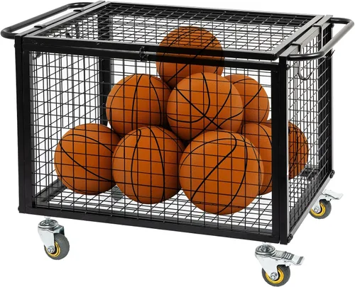 Carrito de baloncesto de metal con ruedas de almacenamiento de equipo deportivo, jaula con cerradura atlética negra mate con mango elevado,