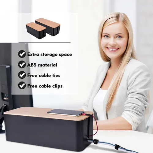 Miniatura 4 de Paquete de 2 cajas grandes para organizar cables, caja organizadora de cables de estilo madera y cubierta para cables de TV, computadora, enrutador