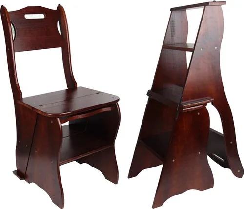 Silla plegable de madera para biblioteca, taburete multifuncional 2 en 1, ligero, portátil, multifuncional, taburete de 4 escalones de doble Nogal