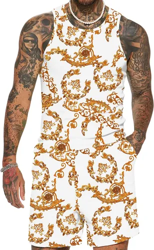 JoZorro Conjunto de camiseta sin mangas con estampado floral para hombre, camiseta deportiva casual con estampado de lujo, ropa deportiva hawaiana,