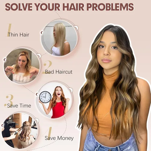 Miniatura 5 de FESHFEN Extensiones de cabello con clip - 4 piezas Extensiones de cabello sintético ondulado largo y grueso con clip para cabeza completa